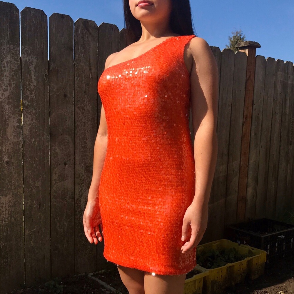 BRIGHT ORANGE SEQUIN COCKTAIL DRESS